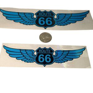 Route 66 Winged Reflective Vinyl Stickers 2 pcs Blue Adhesive Backing NEW